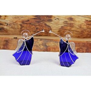 VTG 2 Angels Sun Catcher Ornament Cross Trumpets Stained Glass Candle Holder God